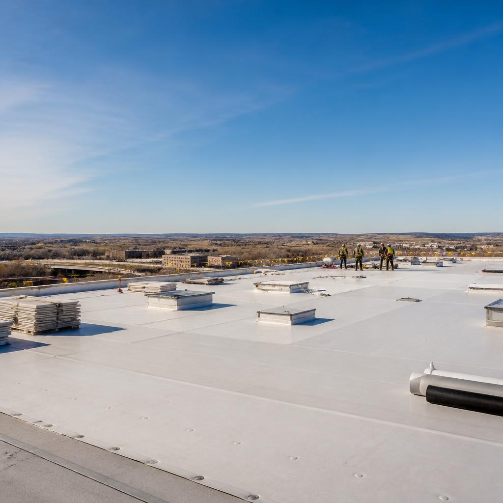 Illustrative roofing photography: Low-slope commercial roof with equipment