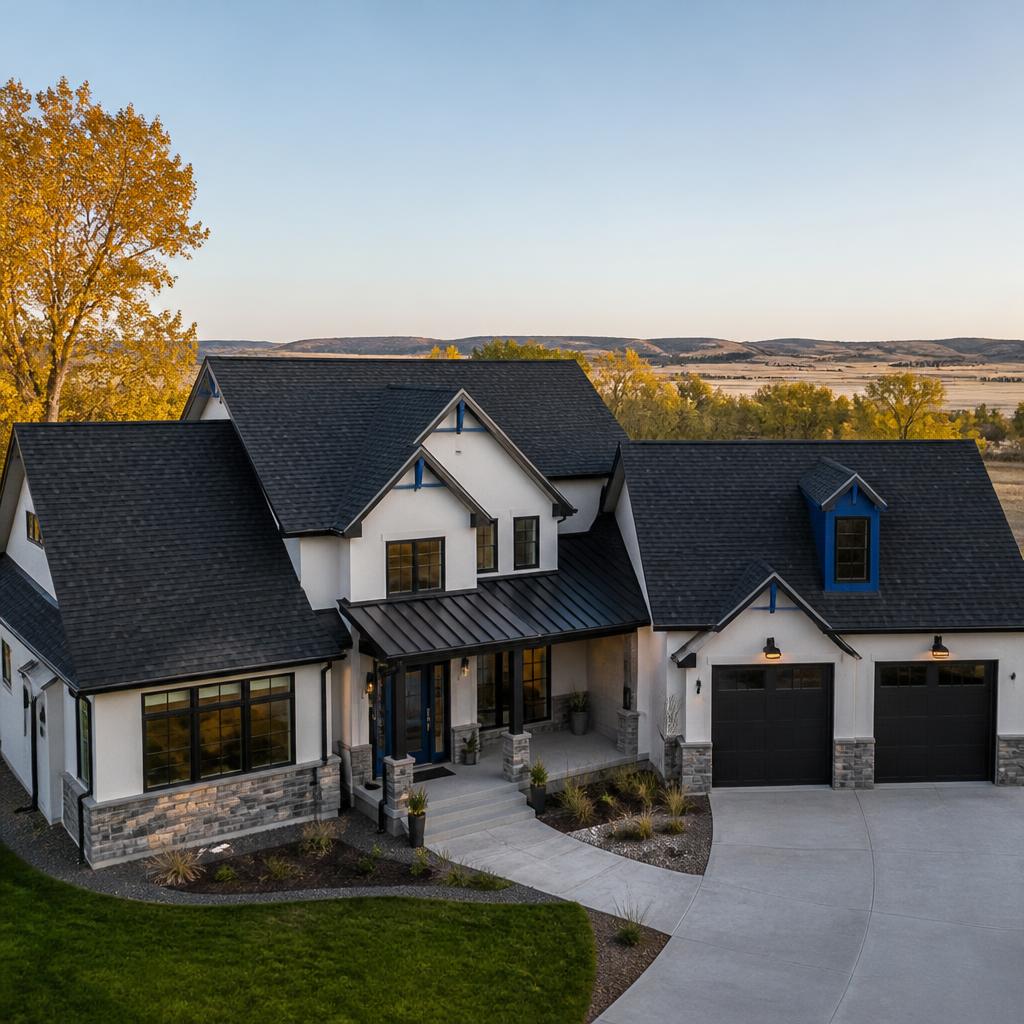 Illustrative residential roof beneath a prairie-style sky