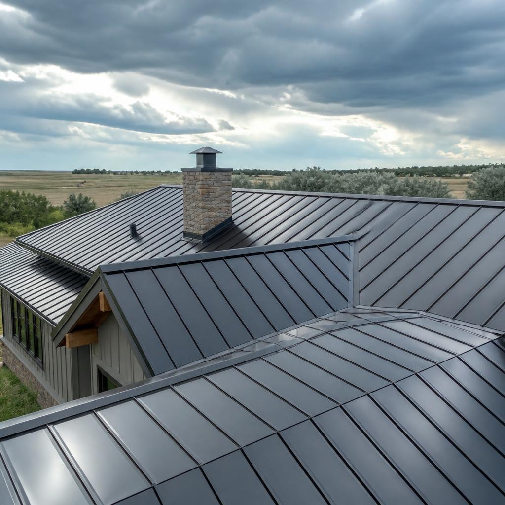 Illustrative roofing photography: Metal roof panels on a home