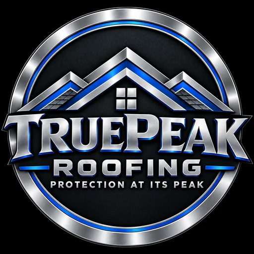 TruePeak Roofing emblem: chrome, black and royal-blue roof peak